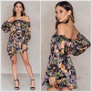 For Love And Lemons Luciana Black gold Floral strapless mini Dress size XS silk
